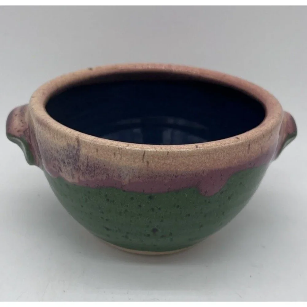 Green Blue Dripware Art Pottery Bowl Handles Signed Watts Indian Mountain Dish